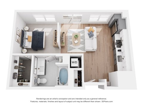 Floor plan for 1 bed, 1 bath, 595 sqft
